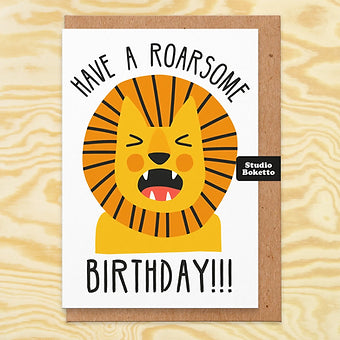 Roaring cartoon lion fun birthday card.