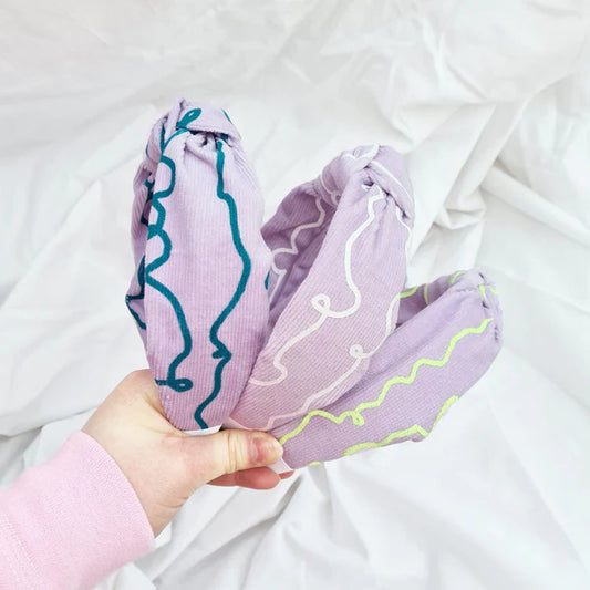 Lilac Corduroy Knot Headband Squiggle Pattern